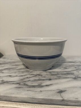 White Ceramic Mixing Bowl with Blue Stripes heavy